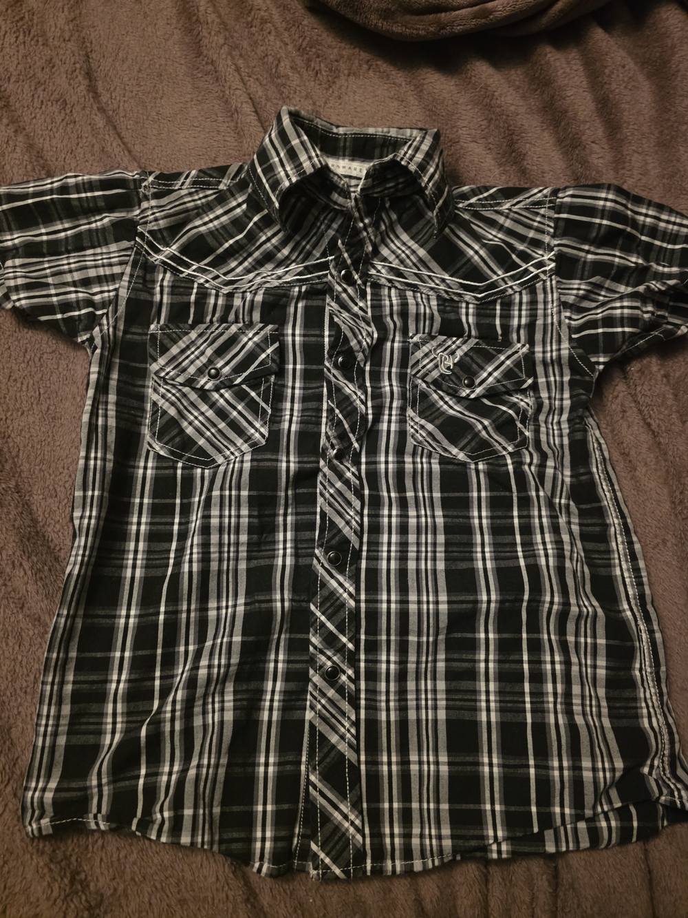 Boy's Cowboy Hardware Black & White Plaid Short-Sleeve Pearl Snap Western Shirt